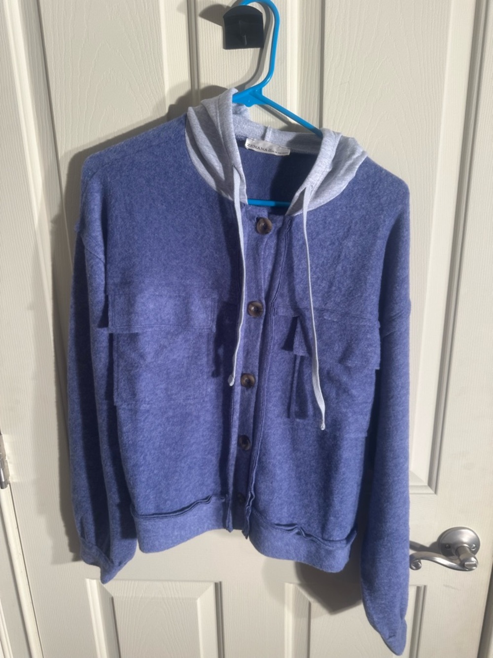 Zenana Outfitters Heather Blue Hooded Button Cardigan with Light Gray Trim